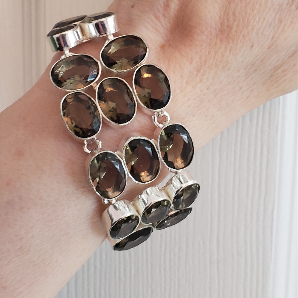 Smoky Topaz & Sterling Silv. Bracelet W/Huge Stones. NEW. 7-8".